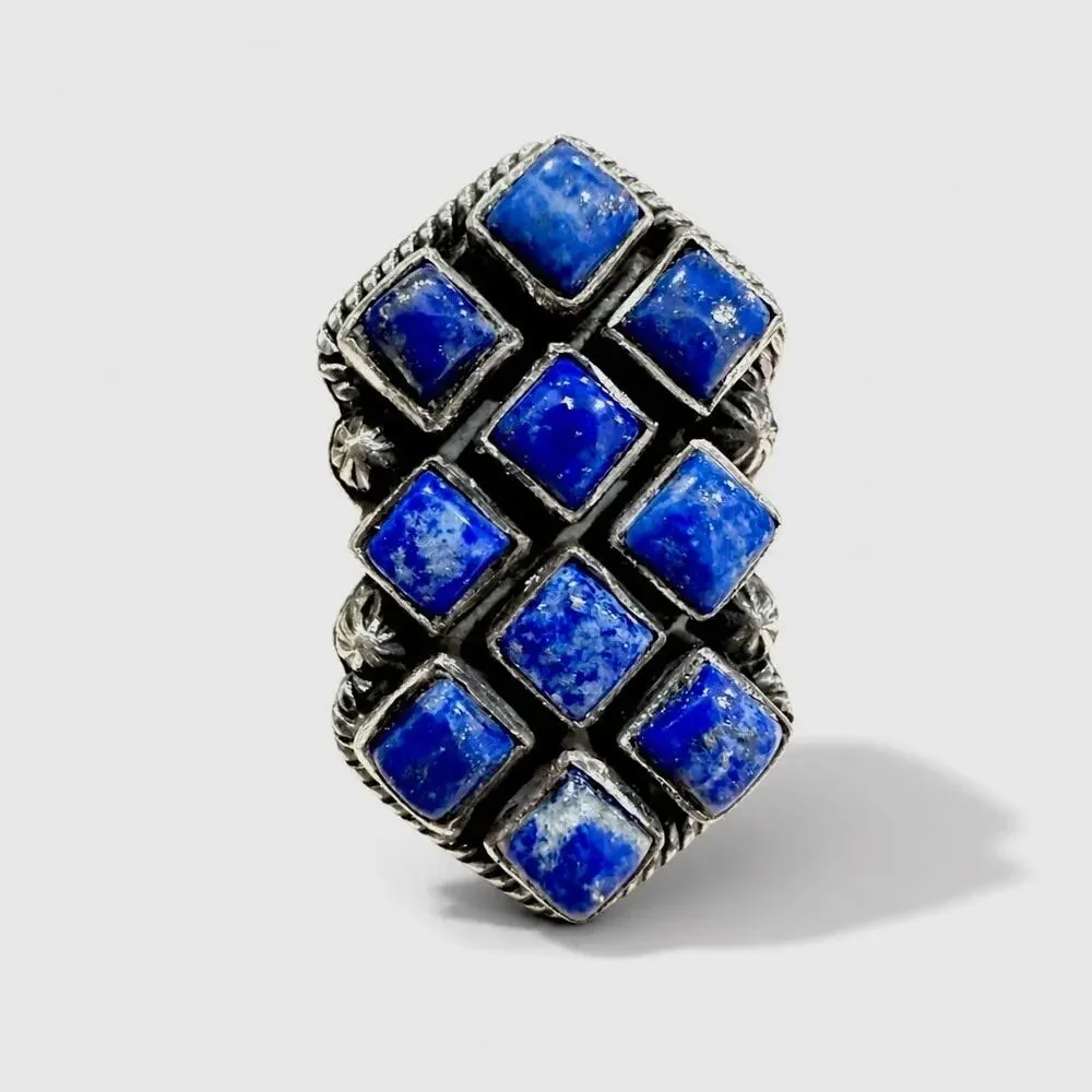 Lapis Lazuli Cluster Statement Sterling Silver Ring Size 7 BOHO